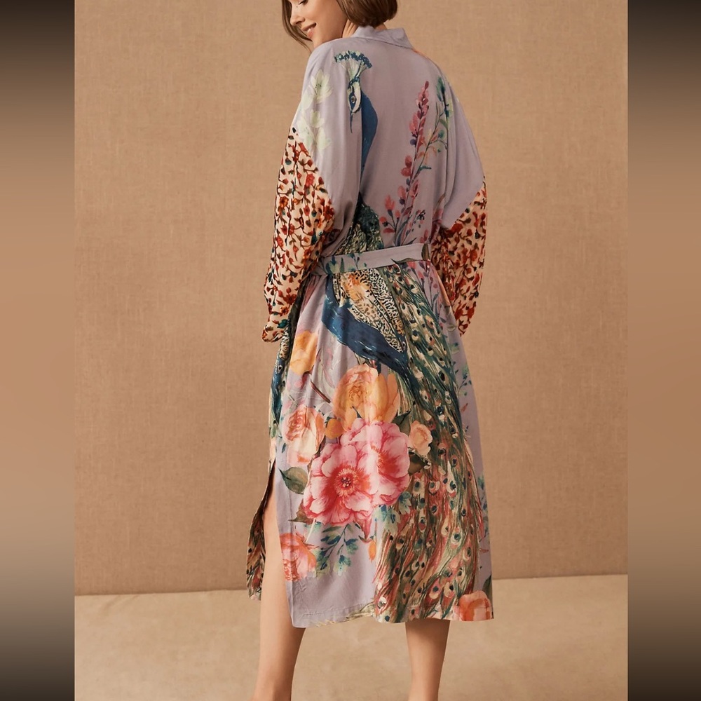 Kimono cardigan floral boho blouse swimsuit cover up belt tie peacock purple